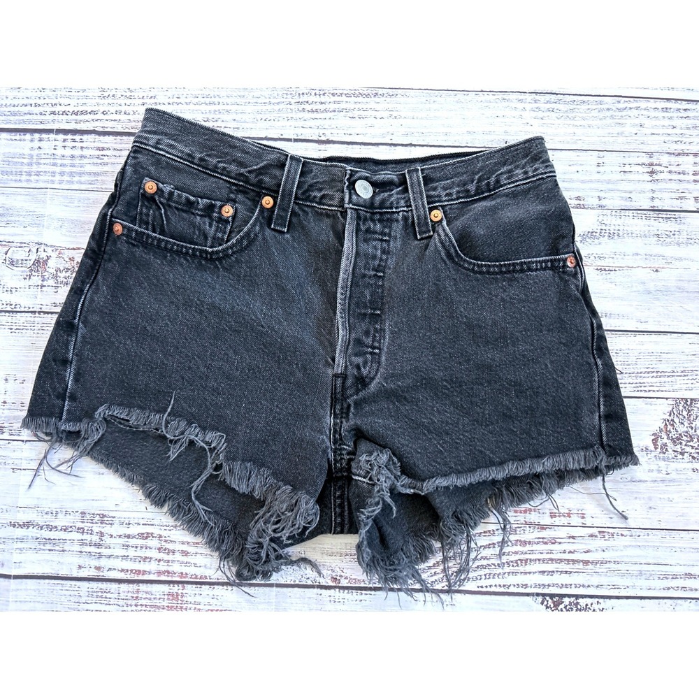 Levi Strauss 501 Black Denim Cutoff Shorts Distressed Frayed Raw Hem Women's